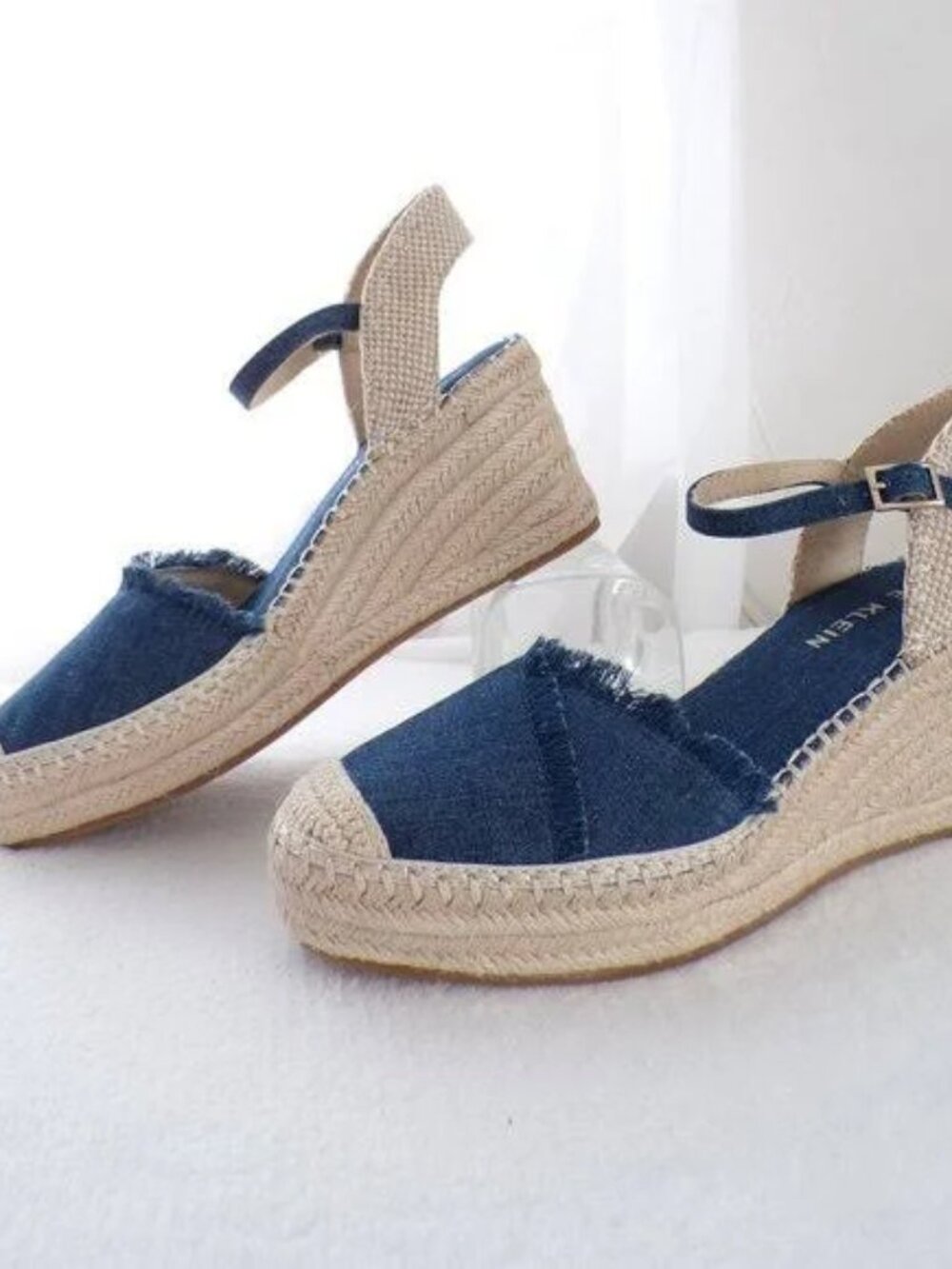 NIB Anne Klein Denim Jean Espadrille Platform Wedge Sandal, Ankle Strap, 11